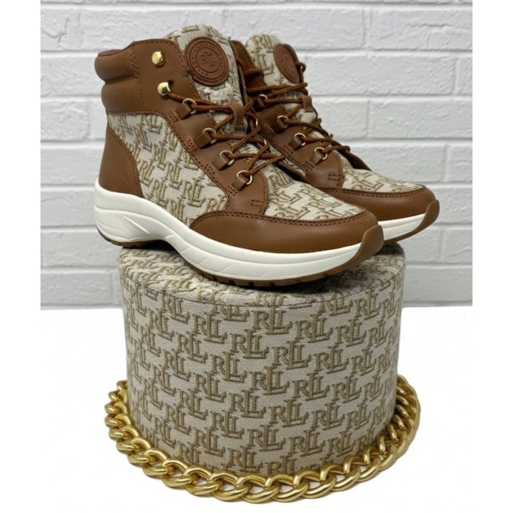 🔥Lauren Ralph🤑 Rylee Hiker🤎 Sneaker Boot Saddle‎ Tan Logo Print Size 8 Polo